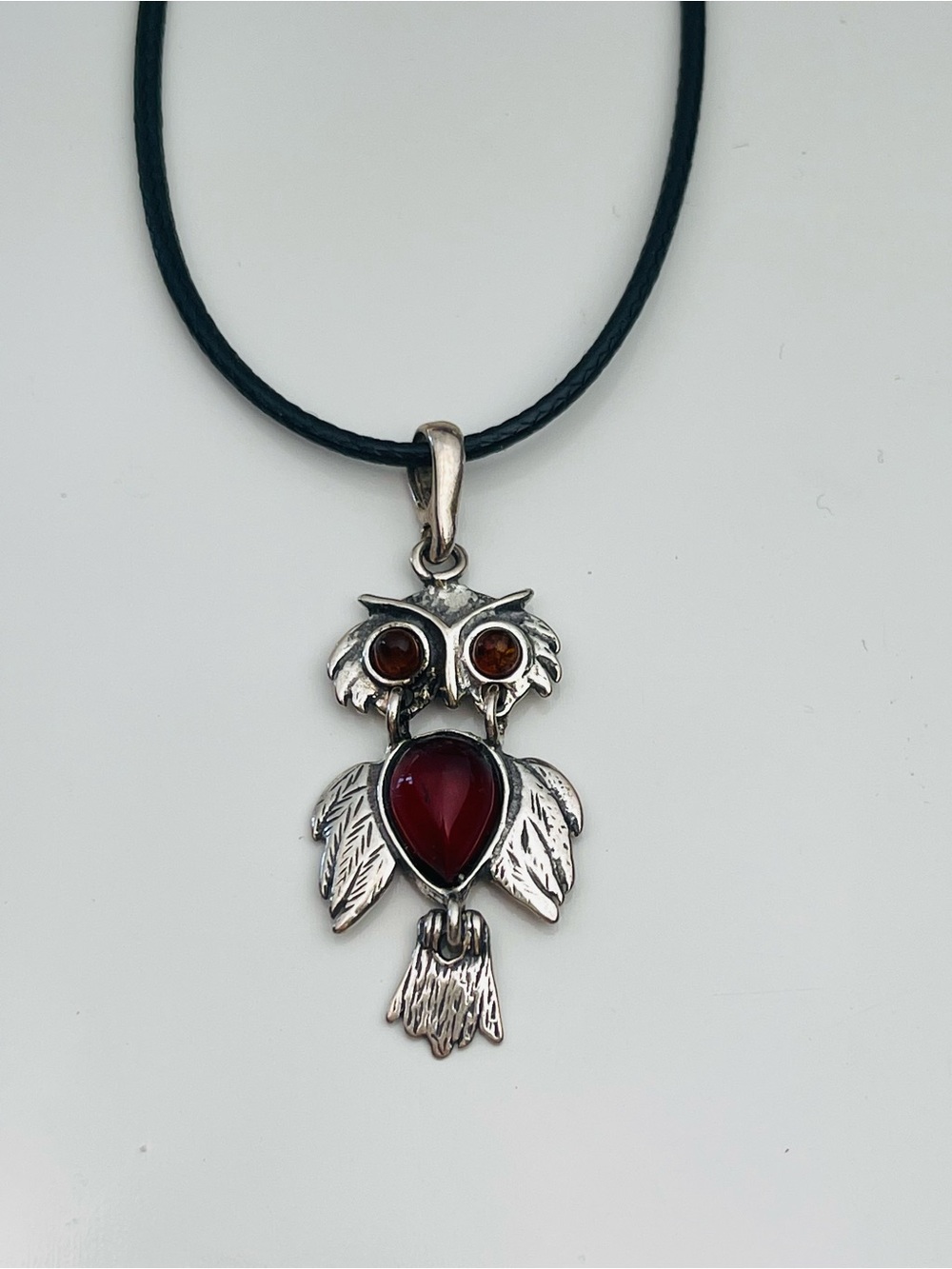 Amber owl pendant necklace sterling silver